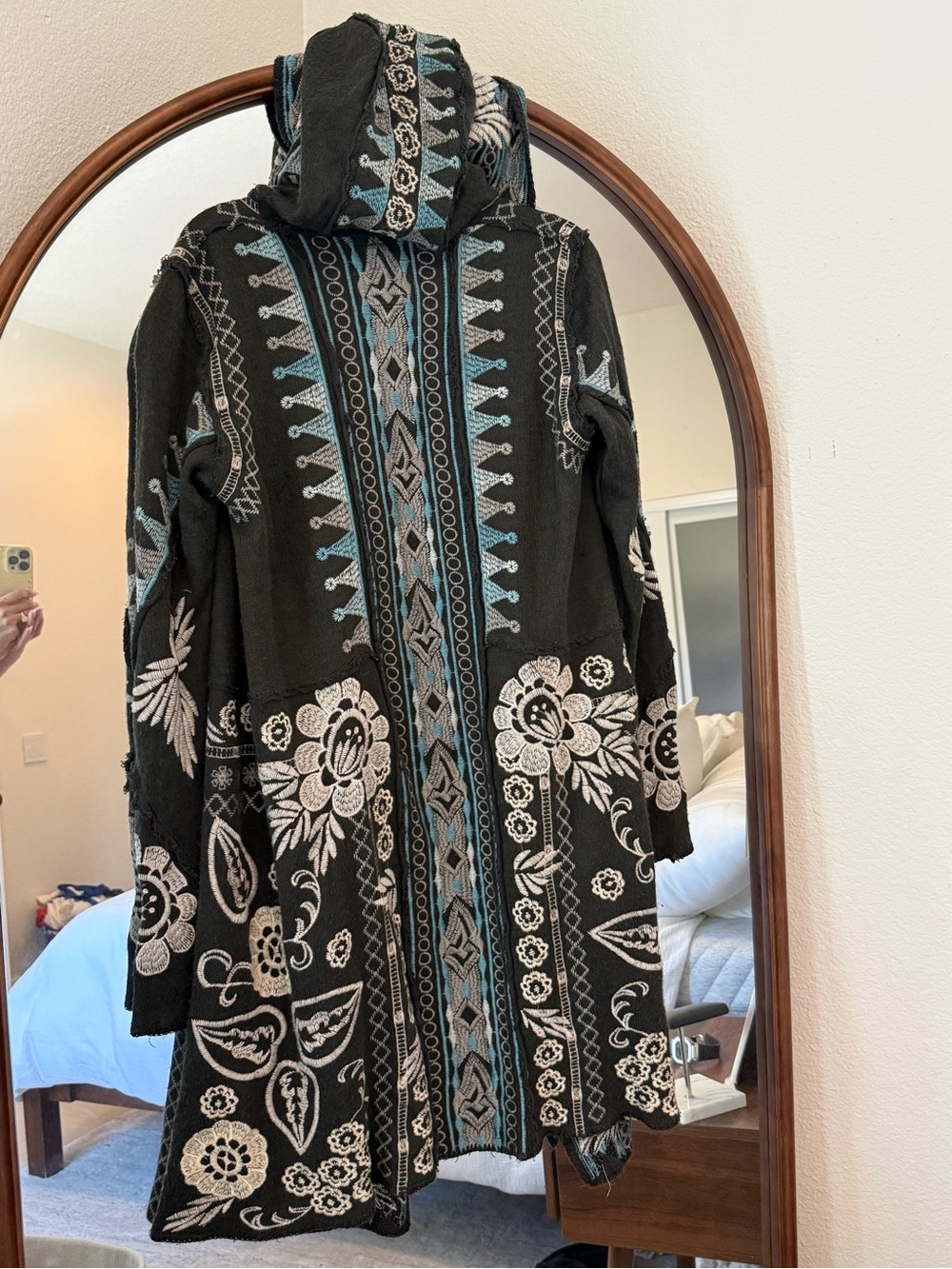 Johnny Was Biya Coat Gray Embroidered Floral Hooded Cardigan with Teal Accents - Picture 2 of 5